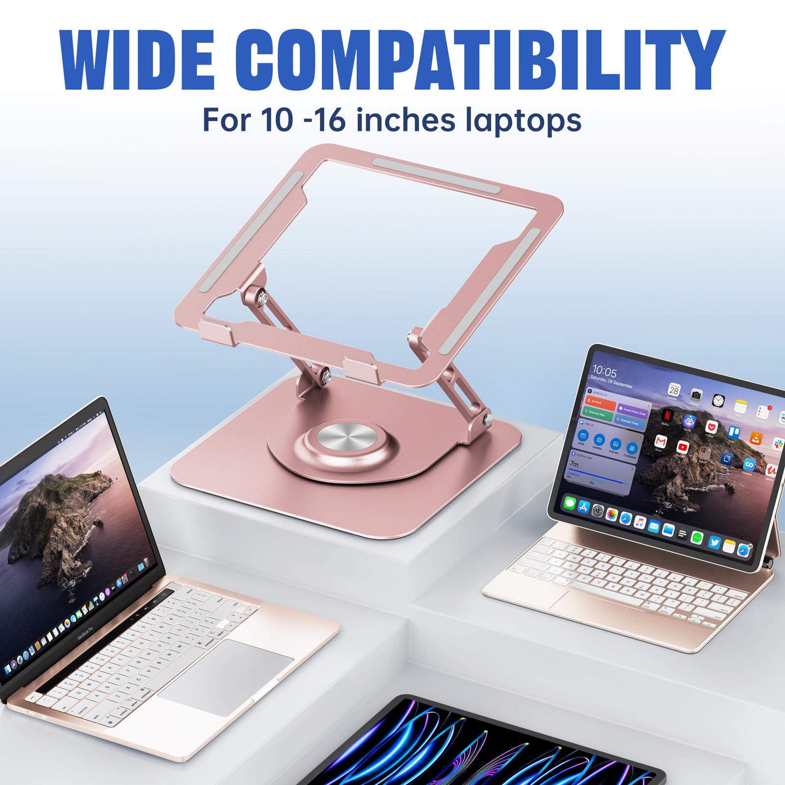 Laptop Stand for Desk, Adjustable Computer Stand with 360° Rotating Base, Ergonomic Laptop Riser for Collaborative Work, Foldable & Portable Laptop Stand, fits for All 10-16" Laptops (Rose Gold)