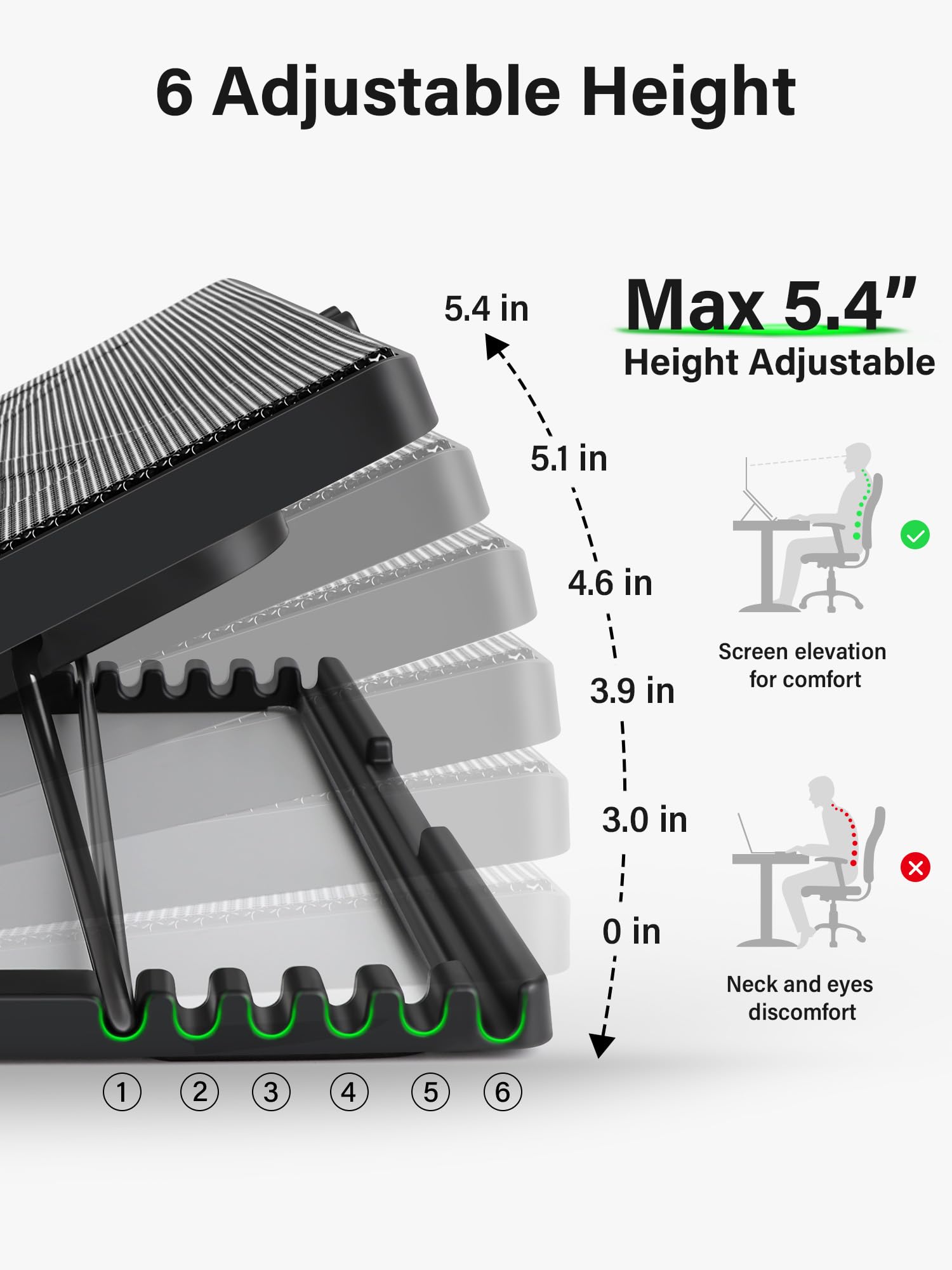 Laptop Cooling Pad, Laptop Cooler with 5 Quiet Fans for 12"-17" Computer PC Notebook Gaming Laptop Fan, Height Adjustable Laptop Cooling Stand Laptop Accessories, Green