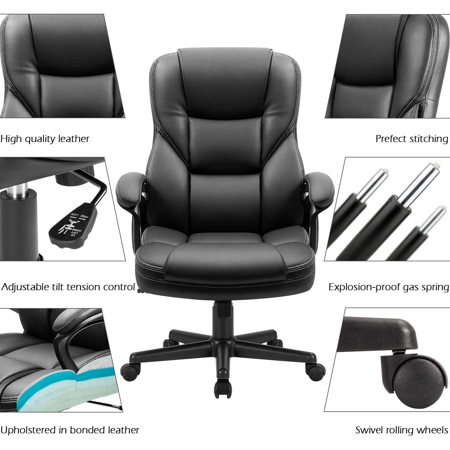 (2, Black) Office Executive Chair High Back Adjustable Managerial Home Desk Chair, Swivel Computer PU Leather Chair with Lumbar Support