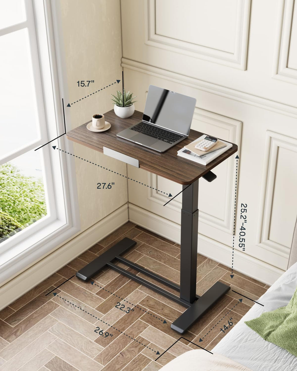 H7 PRO Mobile Standing Desk Adjustable Overbed Table Pneumatic with Wheels 55°Tiltable Portable Laptop Desk Rolling Computer Cart Foldable Bedside Table(27.6" W x 15.7" D, Rustic Brown)