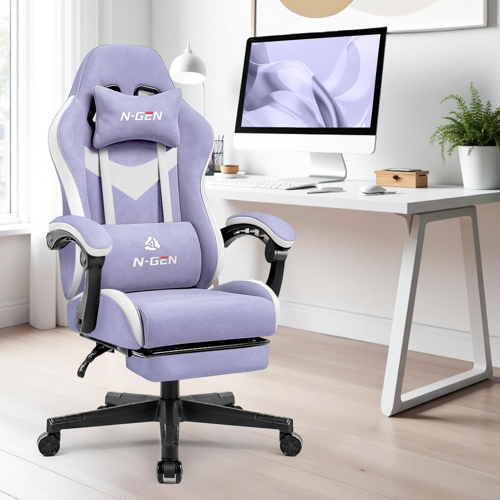 Gaming Chair with Footrest Lumbar Support for Home Office High Back Recliner Height Adjustable Ergonomic Comfy Fabric Computer Desk Chair (Purple)