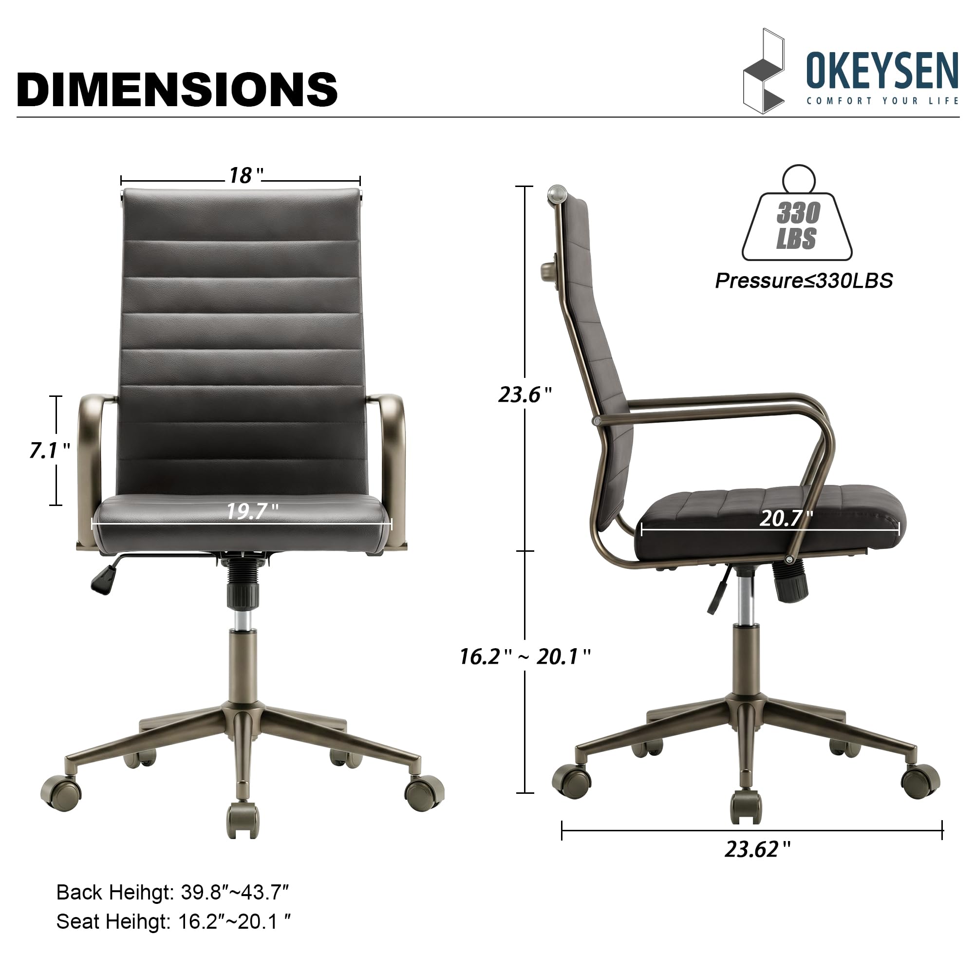 Leather Office Desk Chair, Ergonomic Mid Century Modern Conference Room Chairs, Executive Ribbed Height Adjustable Swivel Rolling Chair for Home Office.