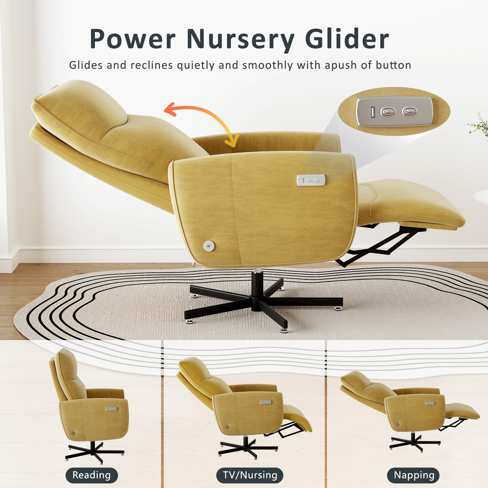 Power Swivel Recliner Chair, Modern Electric with USB & Type-C Ports, Upholstered Velvet Swivel Recliner Chair, 360° Swivel for Office & Living Room, Easy Assembly (Yellow)