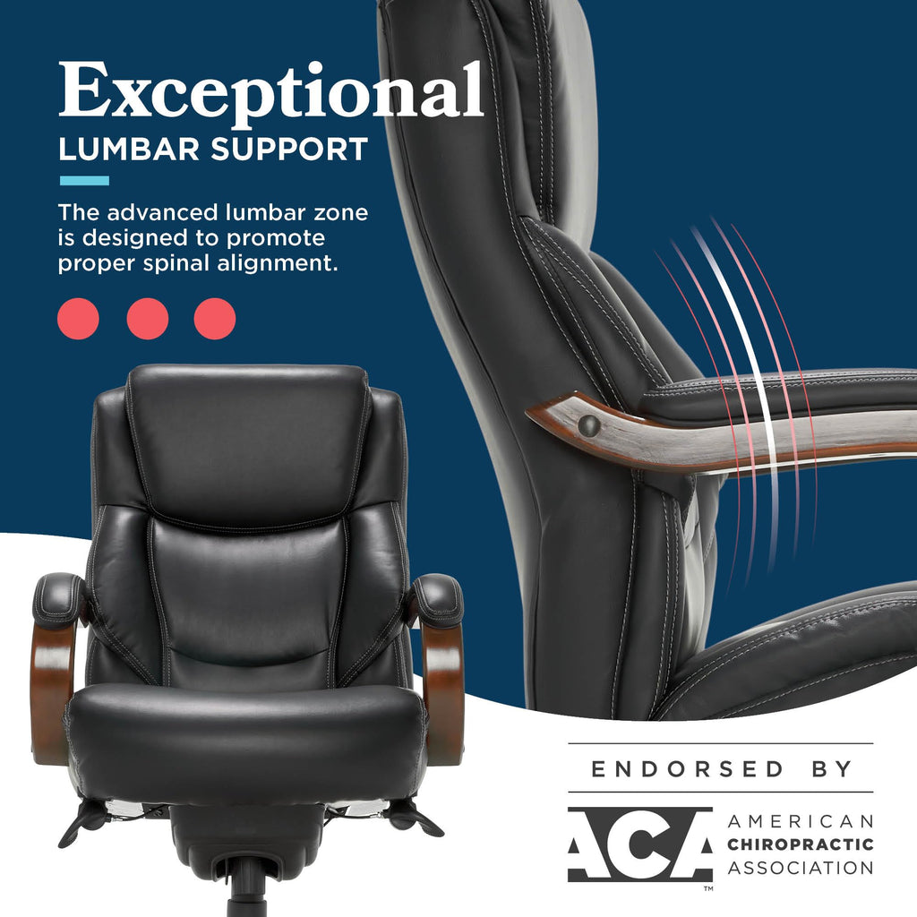 Delano Big and Tall Executive Office Chair - Ergonomic Lumbar Support Memory Foam - Bonded Leather Desk Chair for Home Office - Mahogany Wood Arms - Black