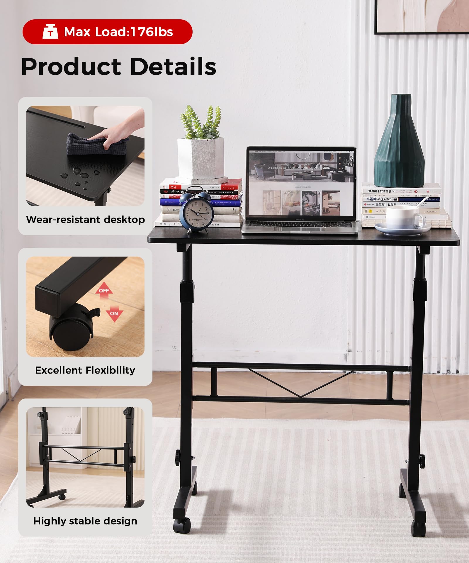 Standing Desk Adjustable Height, Mobile Stand Up Desks with Wheels Small Computer Desk Rolling Desk, Portable Laptop Desk Black Standing Table Sit Stand Home Office Desks 16"x31.5" Height 27"-43.5"