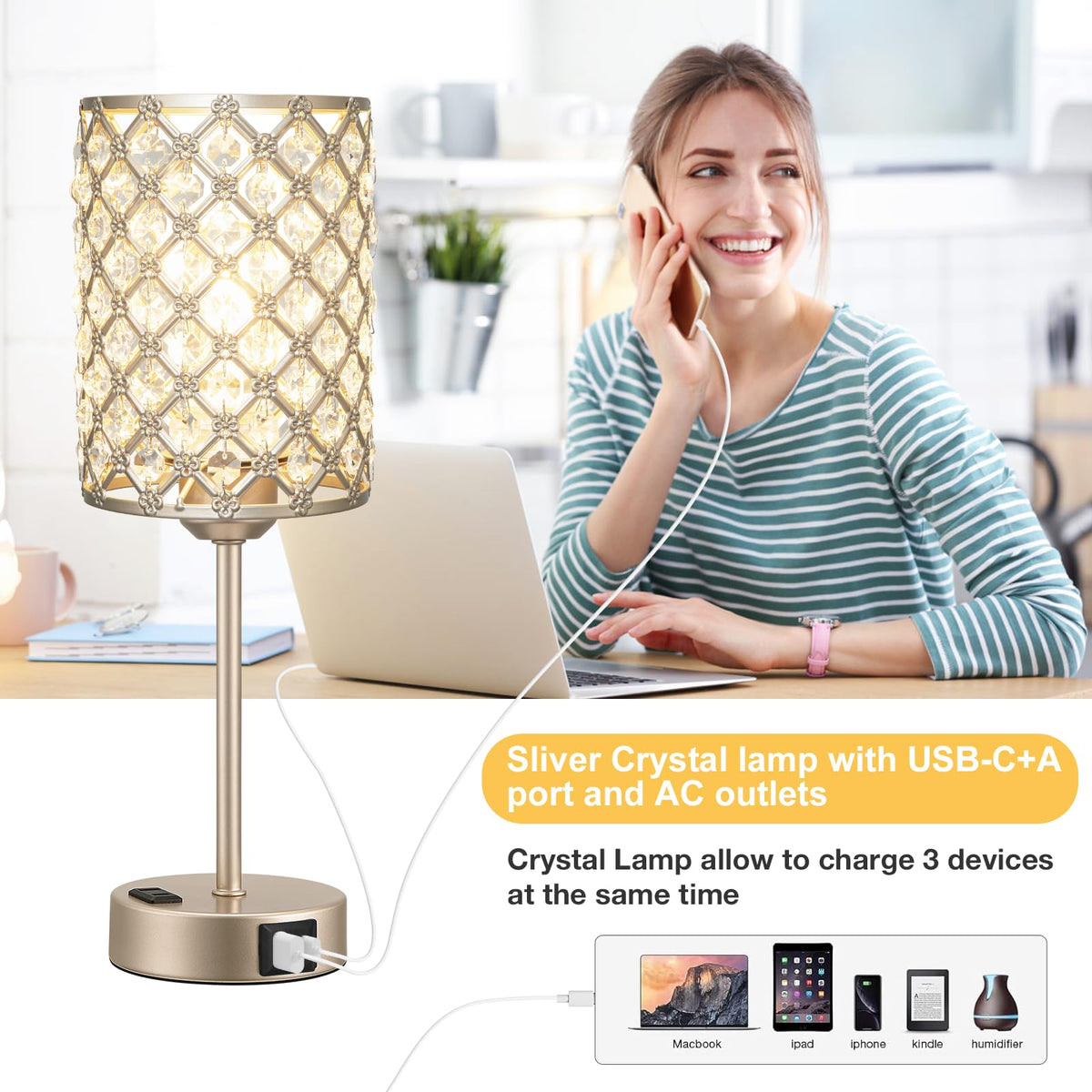 Champagne Gold Lamps for Night Stands, Crystal Table Lamp (Bulb Included)