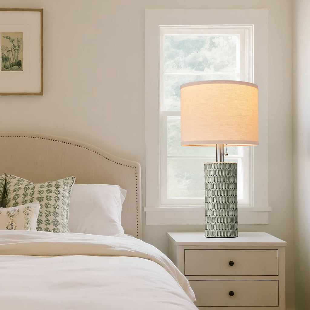 20.5" Modern Ceramic Table Lamps for Bedroom Set of 2, Bedside Lamps for Night Stands with Beige Lampshade, Farmhouse Table Lamp for Living Room Office Dorm, Light Green