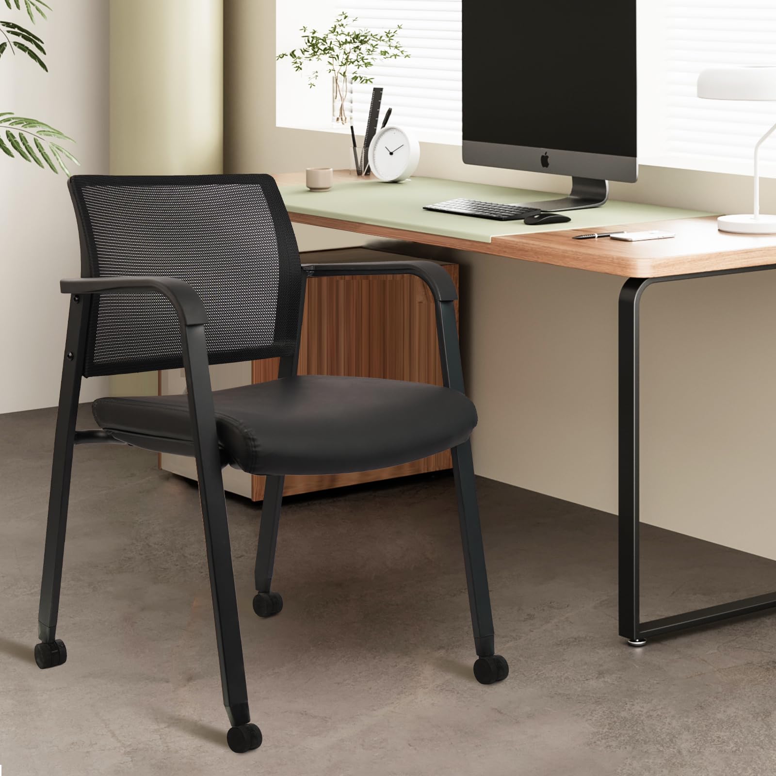 Stacking Office Chair with Wheels, Mesh Back Waiting Room Guest Chairs with Arms Comfortable Leather Cushion Stackable Desk Chair for Conference Reception School Side Stationary, Black