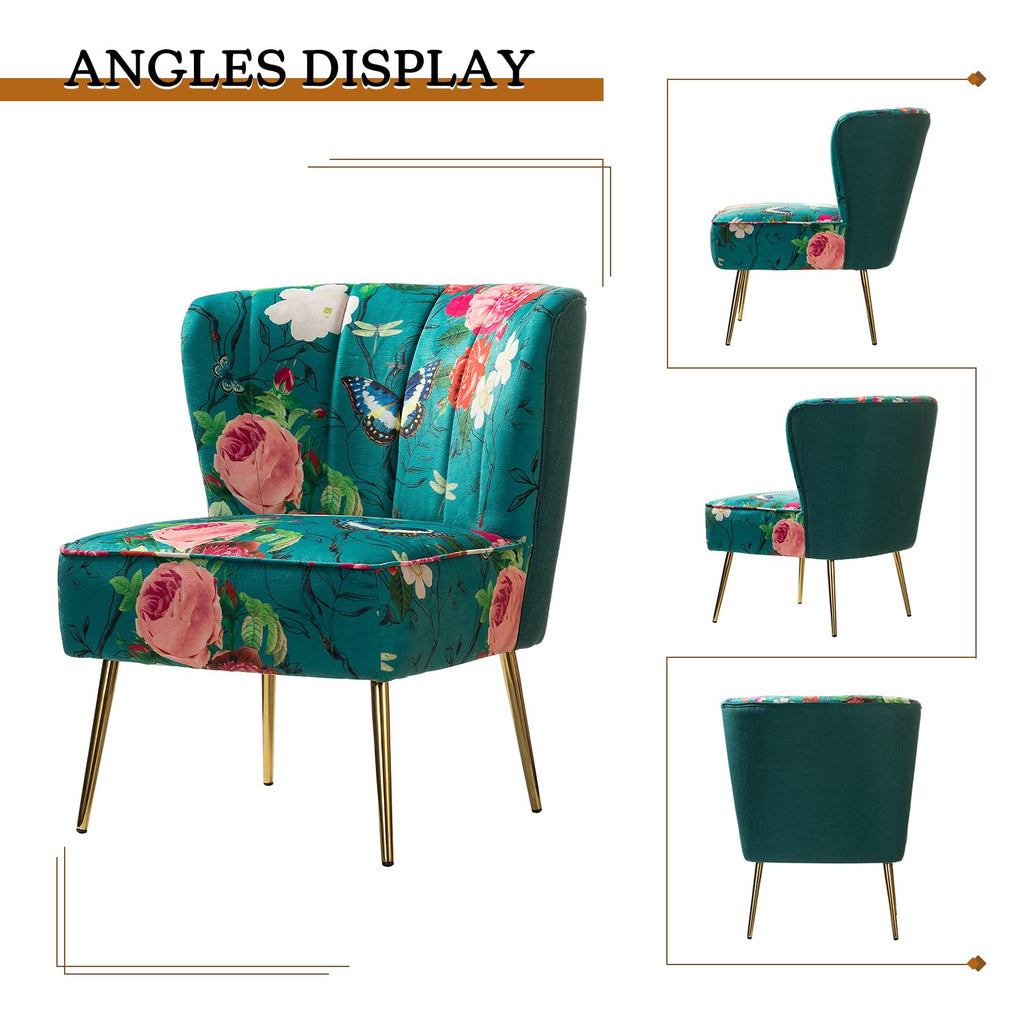 Accent Chair with Golden Metal Legs, Comfy Tufted Wingback Living Room Chair Floral Fabric Small Armless Side Chair, Upholstered Slipper Chair for Bedroom, Reading Room (Flower Print&BLUE)