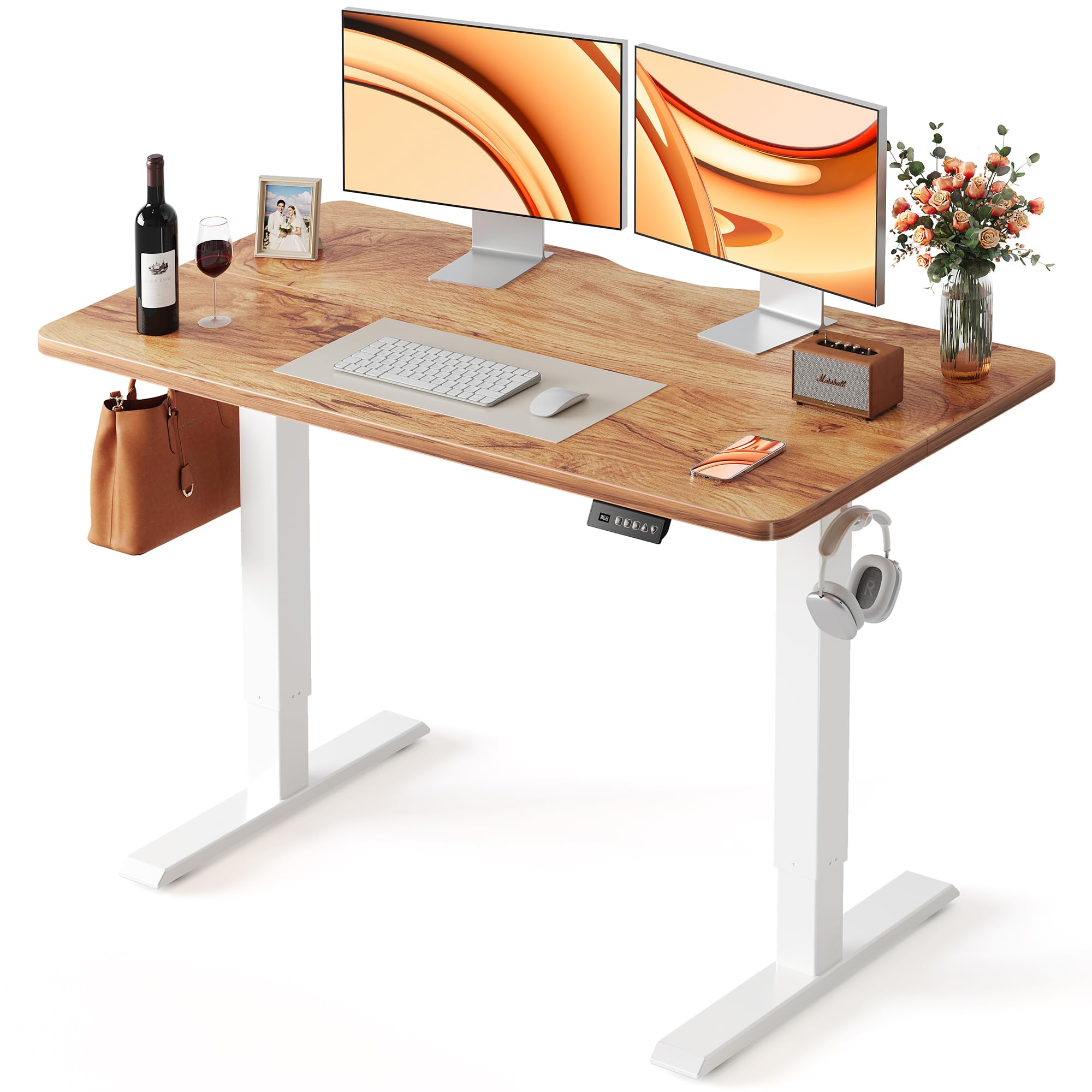 48 x 24 Inchs Electric Standing Desk, Height Adjustable, Sit Stand Up, Computer Office Desk with Splice Board, White Frame/Light Rustic Top