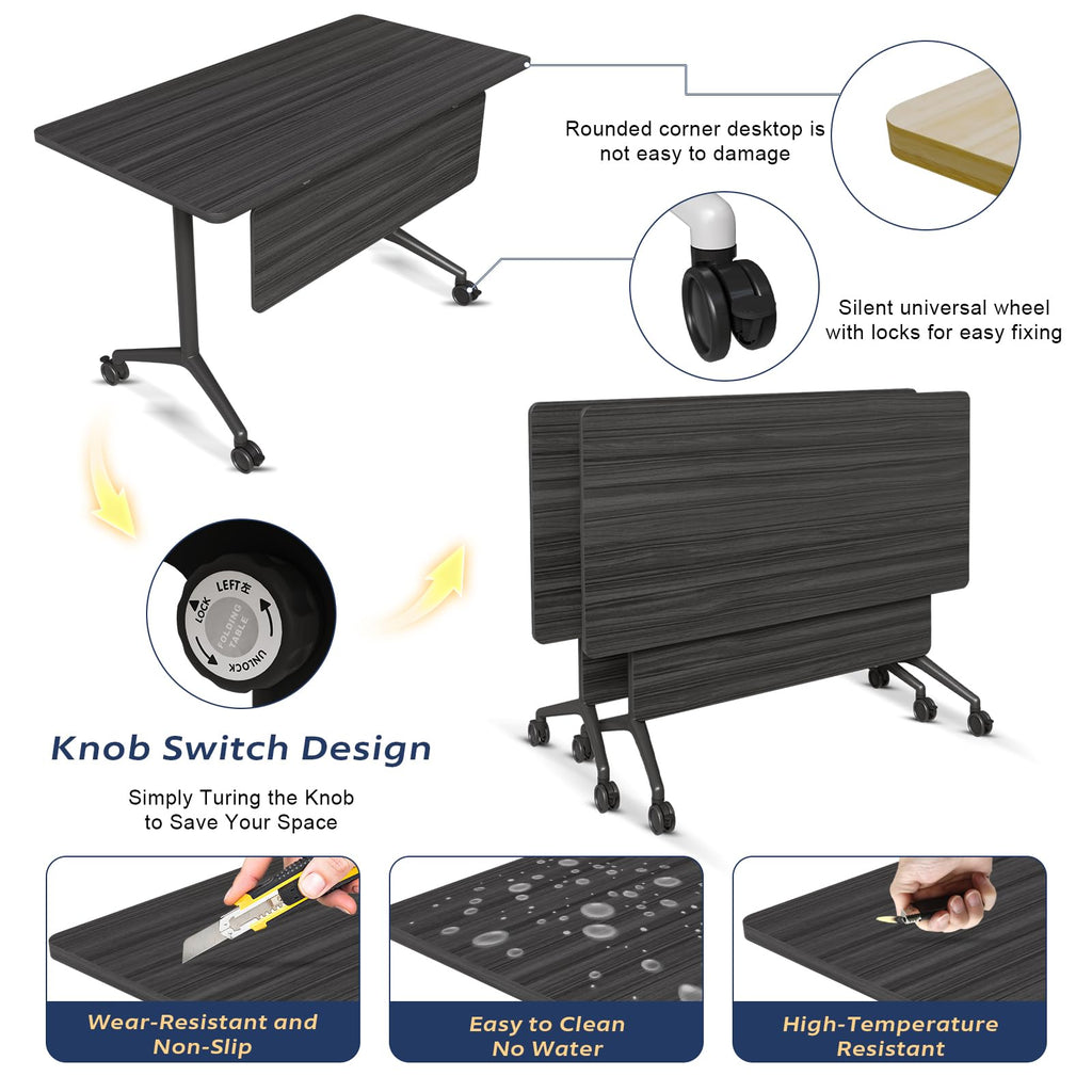 Folding Conference Table with Wheels, Flip-Top, 61in, 2 Pack, Ebony