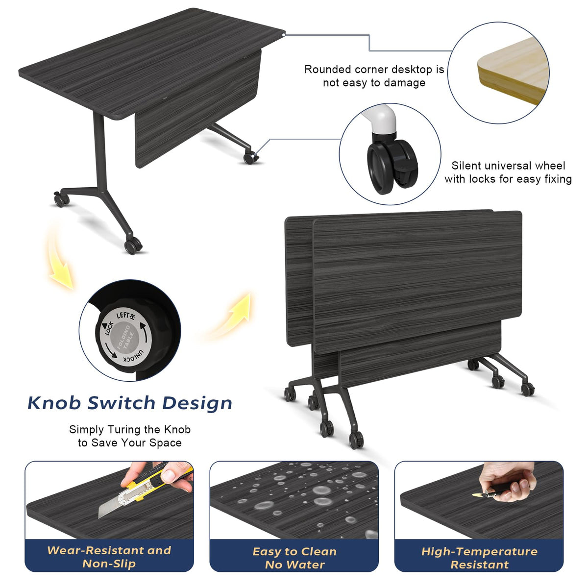 Folding Conference Table with Wheels, Flip-Top, 61in, 4 Pack, Ebony