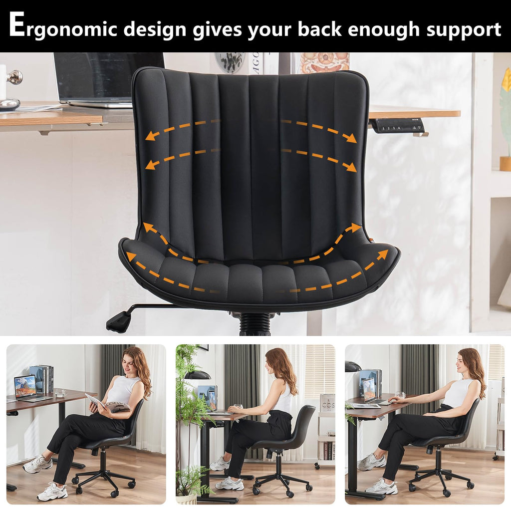 Black Office Desk Chair with Wheels Comfy Armless Small Vanity Chair with Adjustable Rocking Back Modern Leather Upholstered Rolling Task Computer Chair Swivel Drafting Chair Compact