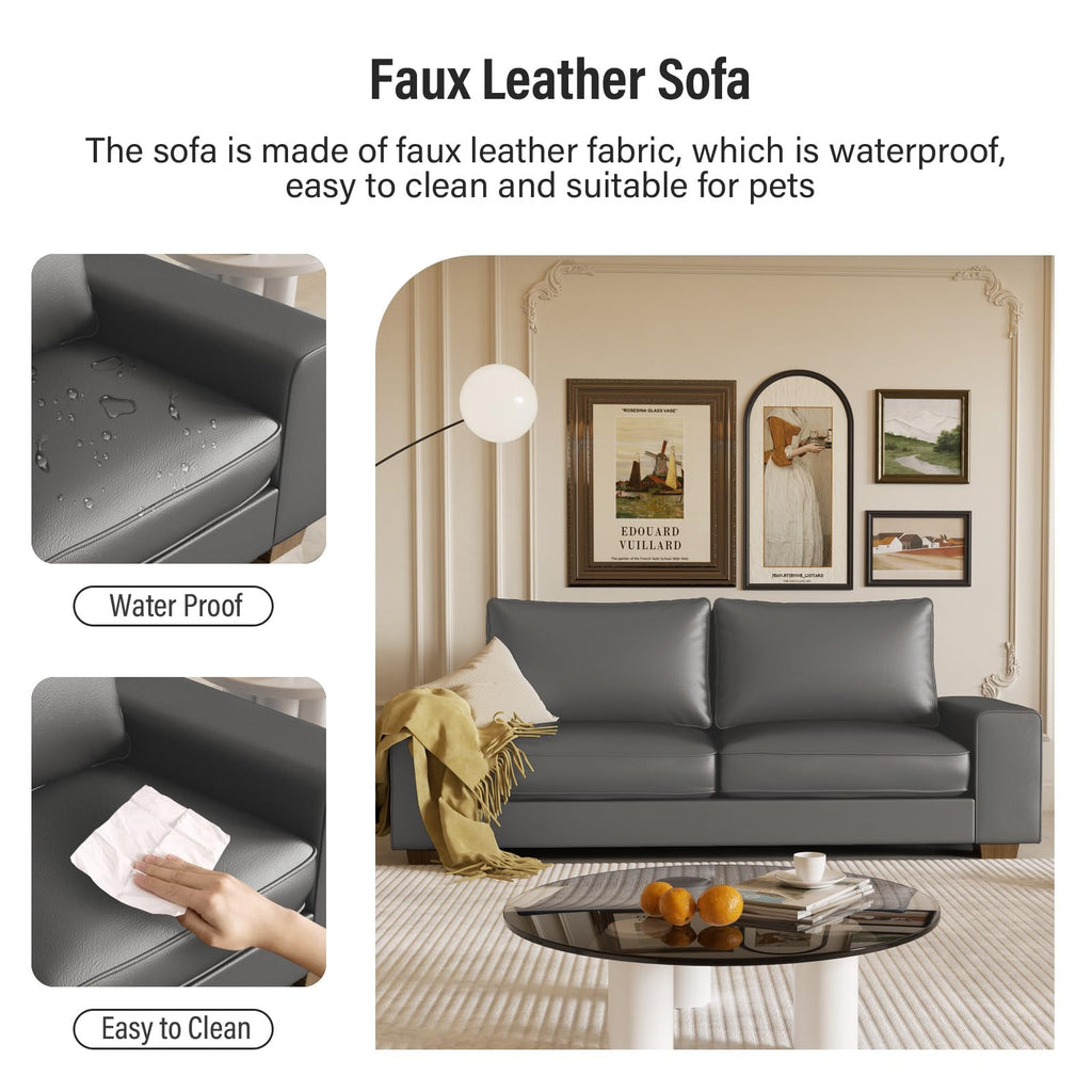 Faux Leather Couch, Mid Century Modern Comfy Loveseat Sofa with Wide Arm, Side Pockets, Solid Wooden Frame for Office, Living Room and Bedroom, 2 Seater (Gery, 71.25 Inches)