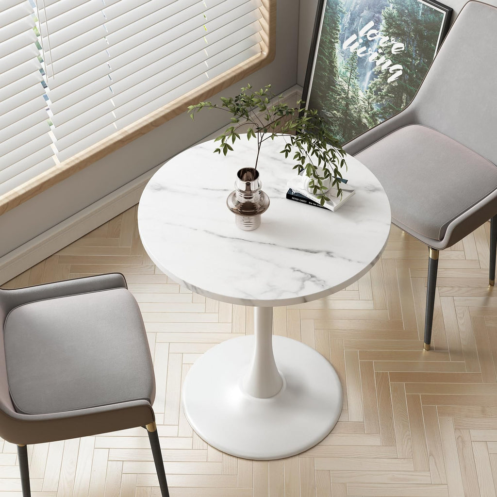 Kasinali White Marble Round Dining Table 24" Circle Tulip Table with Thickened Tabletop & Sturdy Metal Pedestal Mid Century Modern Leisure Bistro Kitchen Tables 2 People Small Places Living Room Cafe