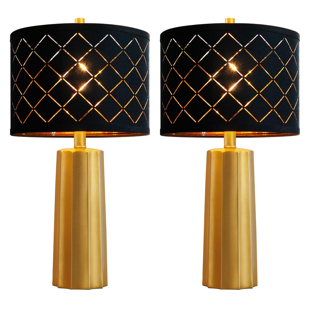 Set of 2 Modern Table Lamps for Living Room Bedroom, Gold Nightstand Resin Lamps with Black Grid Shade, Contemporary Desk Lamps for Bedside End Tables, 2 Bulbs Included (Gold)