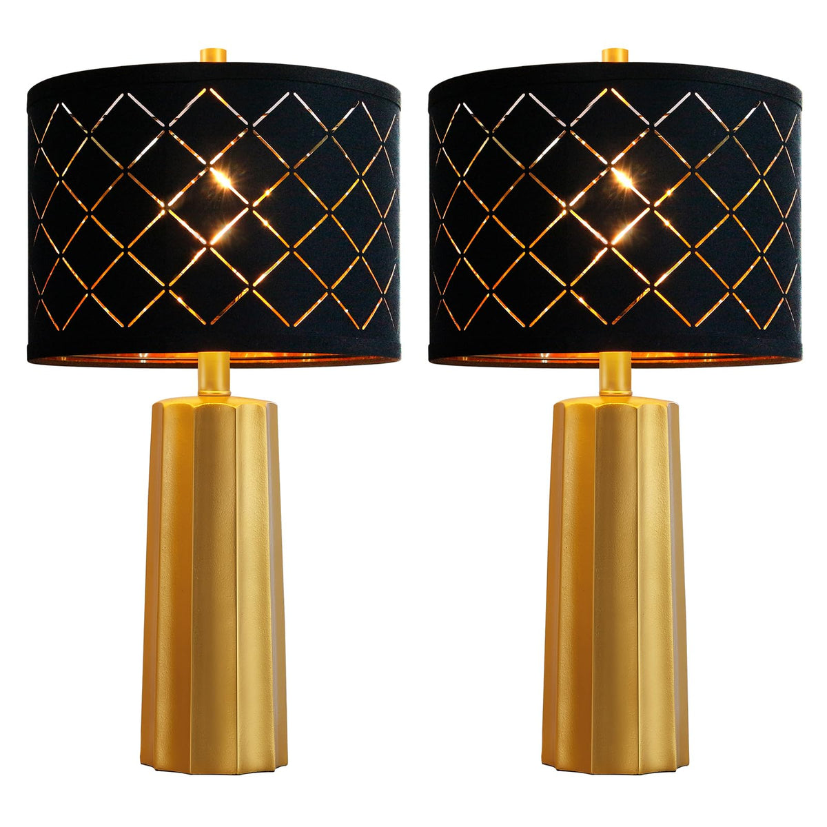 Set of 2 Modern Table Lamps for Living Room Bedroom, Gold Nightstand Resin Lamps with Black Grid Shade, Contemporary Desk Lamps for Bedside End Tables, 2 Bulbs Included (Gold)