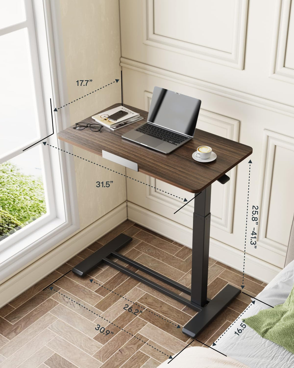 H7 PRO Mobile Standing Desk Adjustable Overbed Table Pneumatic with Wheels 90°Tiltable Portable Laptop Desk Rolling Computer Cart Foldable Bedside Table(31.5" W x 17.7" D, Rustic Brown)