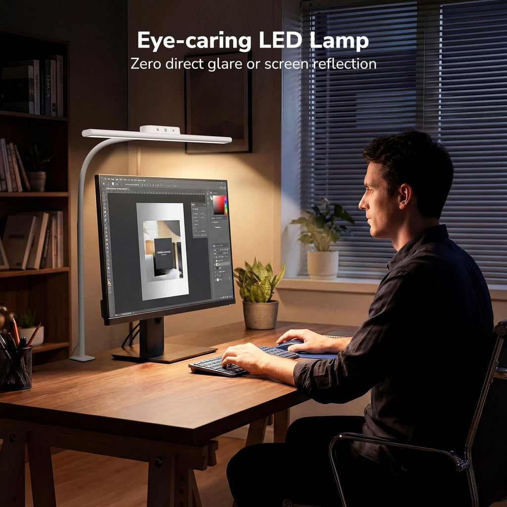 Led Desk Lamp for Office, Metal Architect Lamp with Clamp, 11W 750LM Eye-Caring Task Light, 25 Lighting Modes, Flexible Gooseneck for Monitor, Workbench, Drafting, Crafts, Reading, White