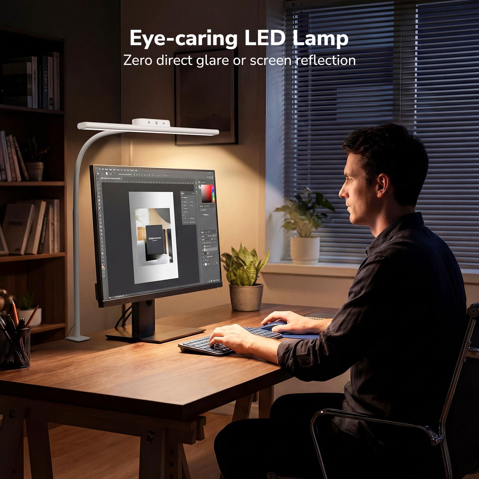 Led Desk Lamp for Office, Metal Architect Lamp with Clamp, 11W 750LM Eye-Caring Task Light, 25 Lighting Modes, Flexible Gooseneck for Monitor, Workbench, Drafting, Crafts, Reading, White