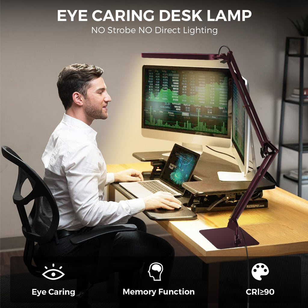 LED Desk Lamp with Slim Base - Adjustable Swing Arm Desk Light, Dimmable, Timer, Eye Protection, Memory Function, 1300LM, 12W, Red