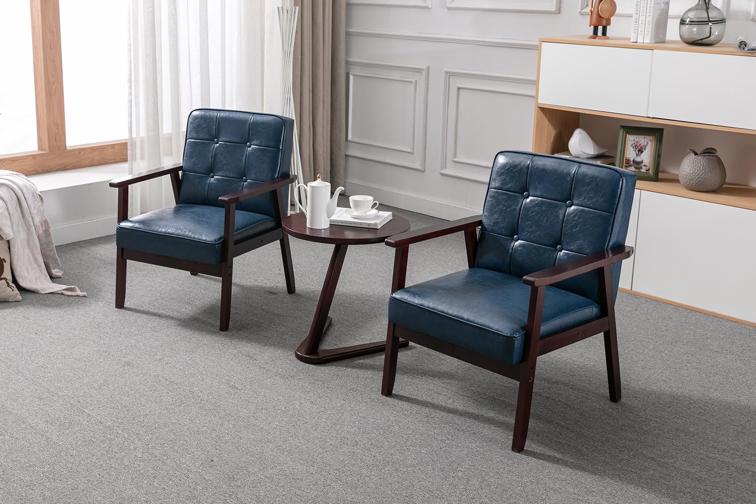 Accent Chairs Set of 2, Mid Century Modern Accent Chair, Retro Wood and Leather Armchairs Side Chair, Lounge Reading Comfy Arm Chair for Living Room, Bedroom, Office (Blue)