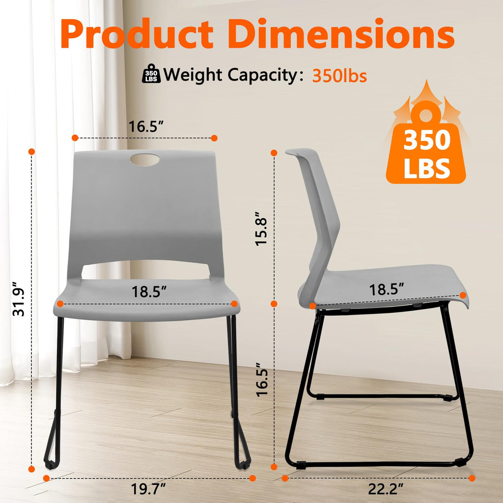 Set of 4, Stackable Guest Reception Chairs, Stacking Office Chair with Ergonomic Lumbar Support & Metal Legs, Plastic Desk Chairs for Conference School Church Waiting Meeting Break Room, Gray