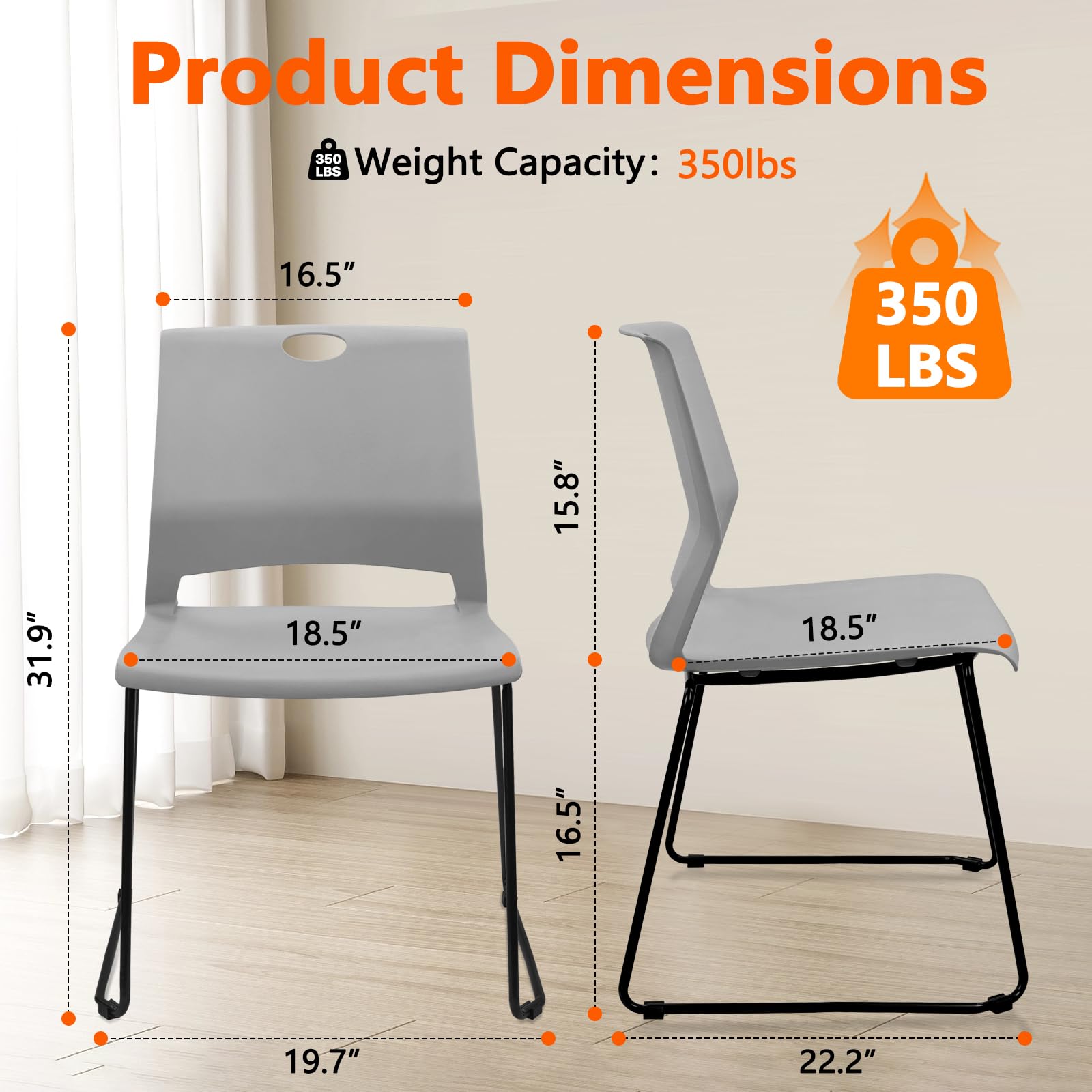 Set of 4, Stackable Guest Reception Chairs, Stacking Office Chair with Ergonomic Lumbar Support & Metal Legs, Plastic Desk Chairs for Conference School Church Waiting Meeting Break Room, Gray