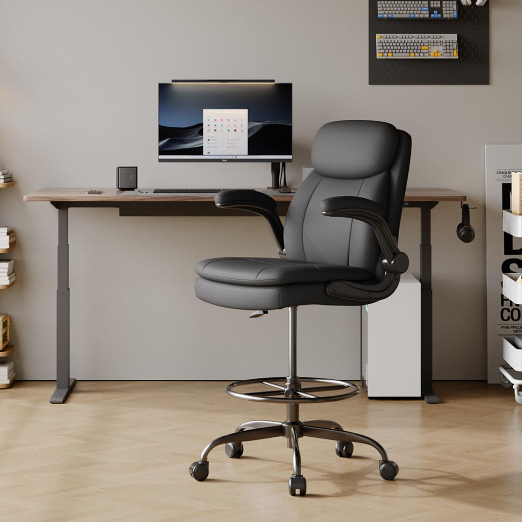 Drafting Chair, Tall Office Chair for Standing Desk, High Leather Executive Office Chair with Adjustable Height and Flip-up Armrest for Counter Height Desk