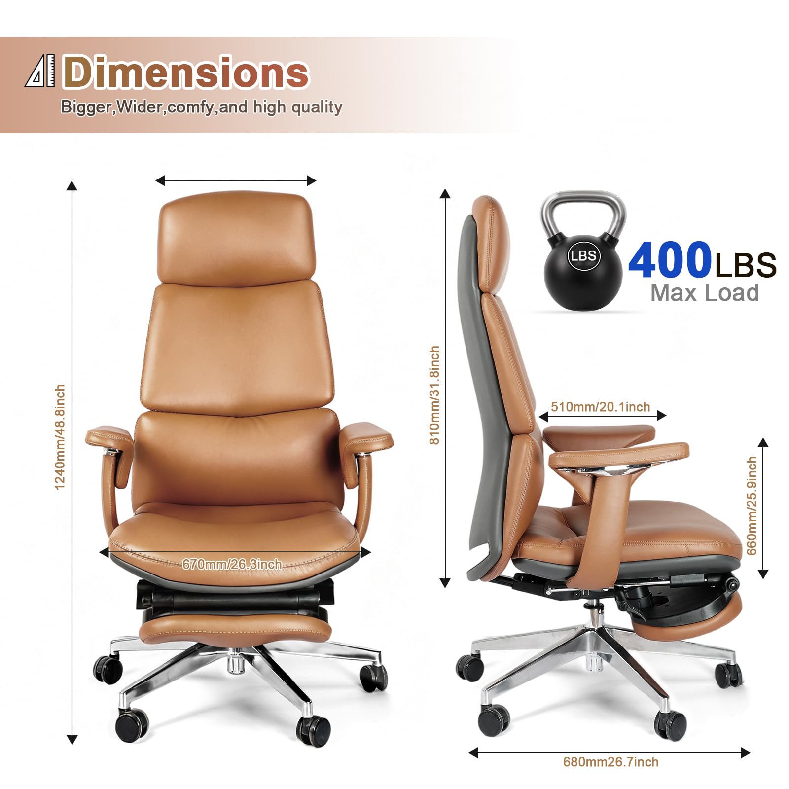 Genuine Leather Office Chair with Flexible Footrest, High Back Executive Office Chair with Lumbar Support, Adjustable Tilt Mechanism, Weight Capacity 400 lbs (Brown)