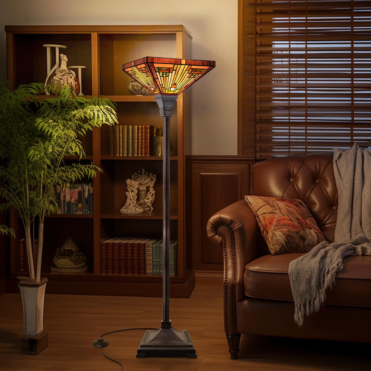 Lamp Antique Amber Brown Stained Glass Torchiere Floor Lamp