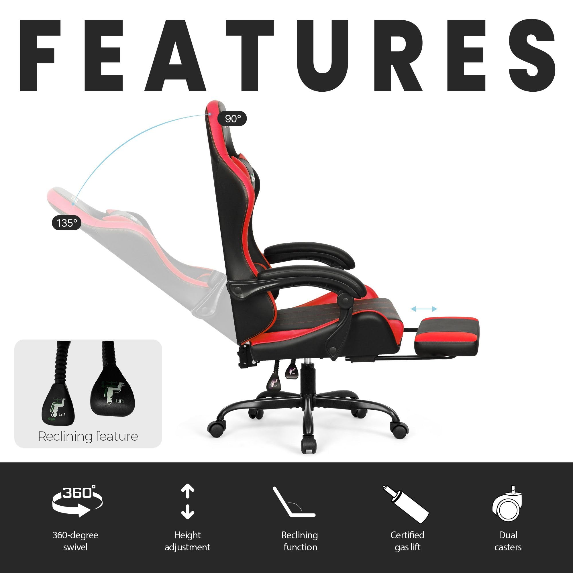 Gaming Chair with Footrest Lumbar Support for Home Office High Back Recliner Height Adjustable Ergonomic Comfy Leather Computer Desk Chair (Red)