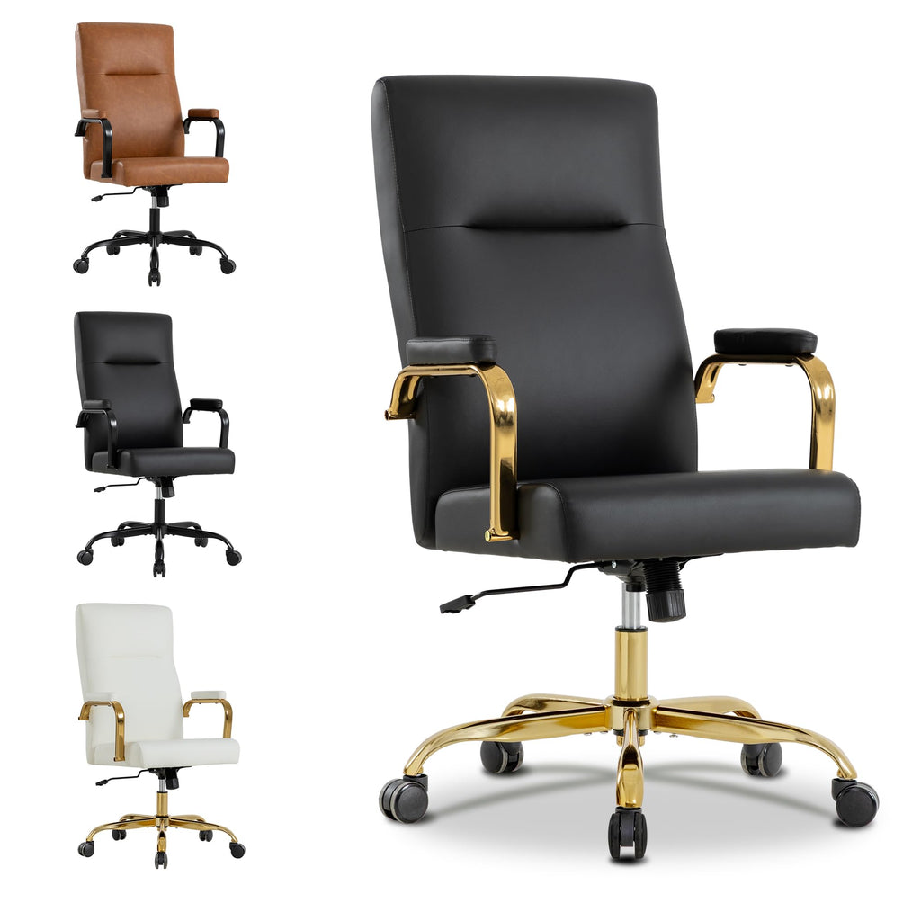 Black and Gold Office Desk Chair,Leather Conference Room Chairs with Wheels,Modern High Back Executive Office Chair with Memory Foam,Ergonomic Swivel Computer Chair for Home Office