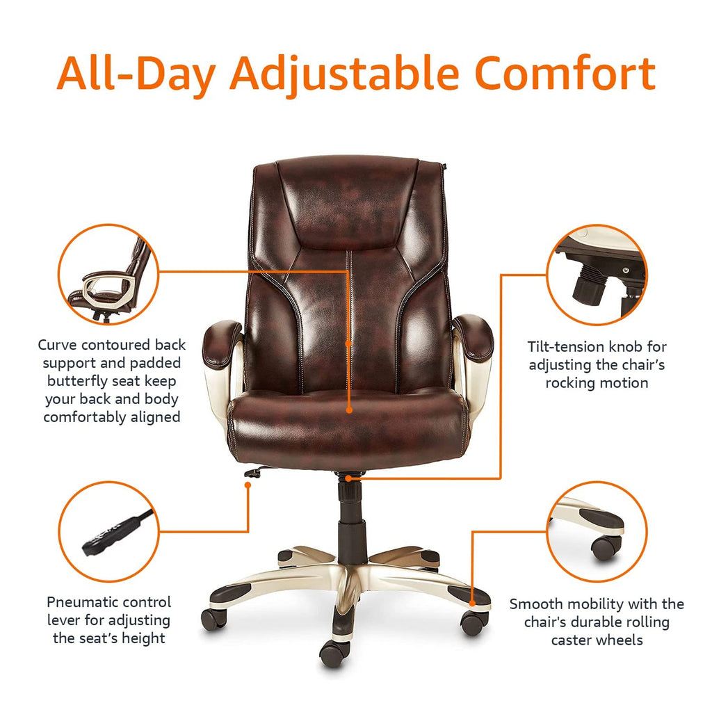Executive High Back Office Chair, Adjustable Height, Tilt, Swivel, Padded Armrests, Brown/Gold