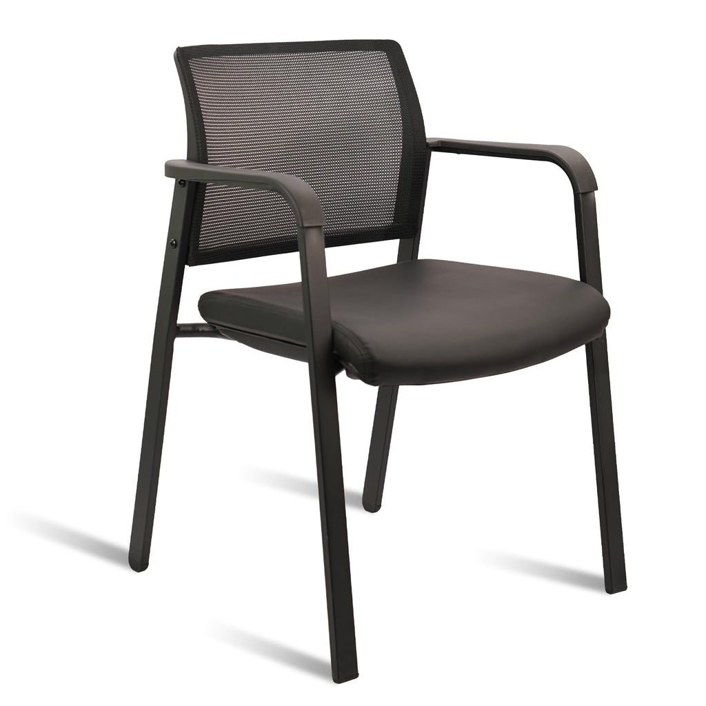 Stackable Office Chair, Mesh Back Guest Chairs with Comfortable Leather Seat Arms Stacking Ergonomic Desk Chair No Wheels for Conference Waiting Reception School Side Stationary, Black