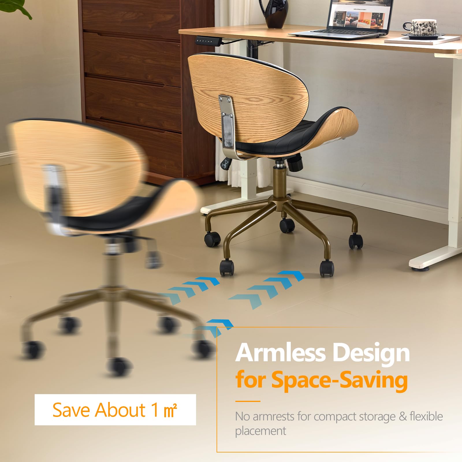 Wide Comfotable Swivel Home Office Chair with Wood-Grain Curved Shell,Ergomomic Mid-Back Padded Armless Rolling Desk Chair with Wheels,Height Adjustable for Computer,Task,Work,PU Leather,Black
