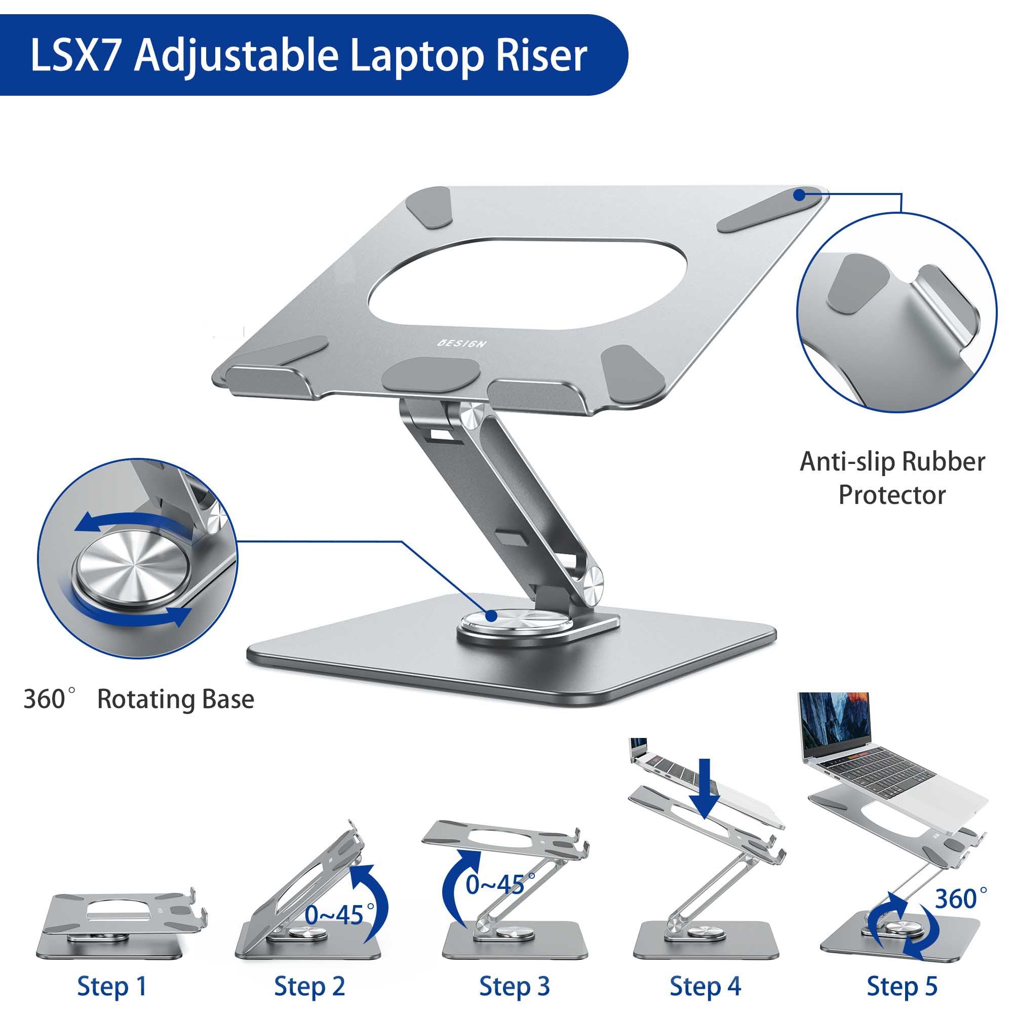 Laptop Stand with 360 Rotating Base, Ergonomic Adjustable Notebook Riser, Foldable Computer Holder Compatible with 10-15.6" Laptops (Gray)