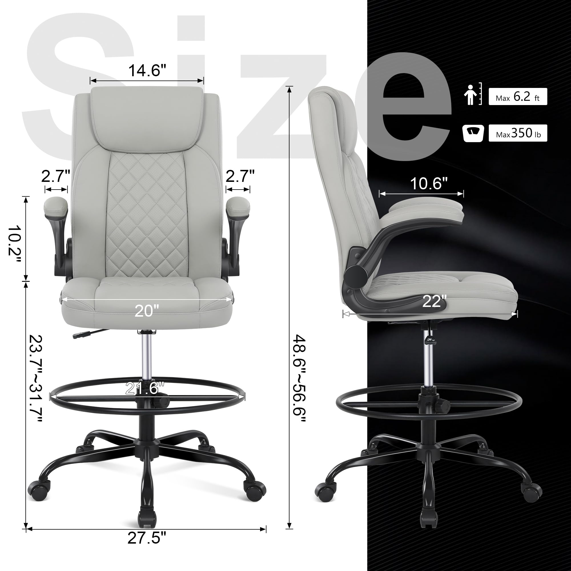 Drafting Chair, Tall Office Chair for Standing Desk, Standing Chair with Adjustable Height and Flip-up Armrest, Leather Drafting Chair, High Office Chair for Counter Height Desk