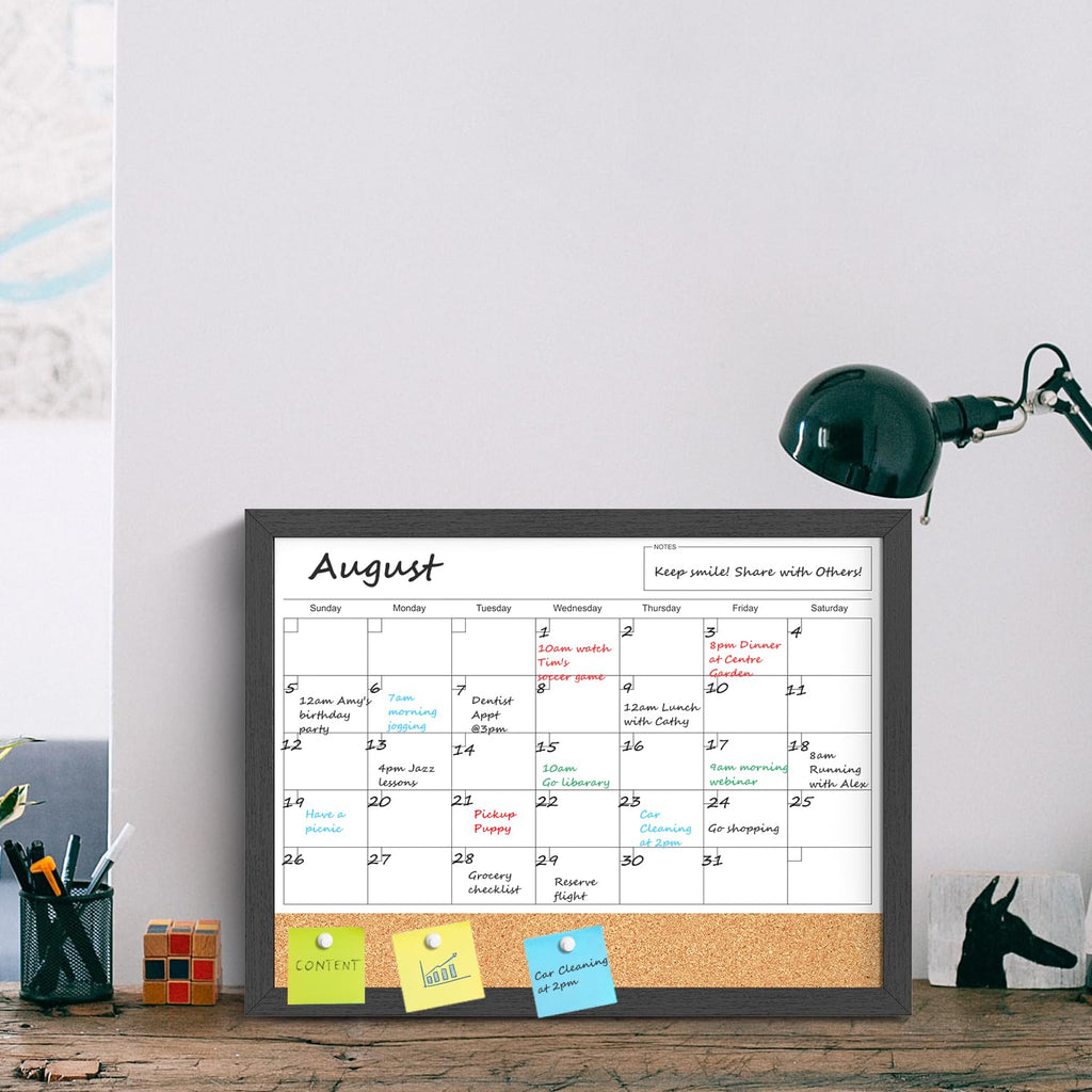 Dry Erase Calendar for Wall, 17x13 Inches Calendar Whiteboard for Wall, Small Magnetic White Board Corkboard with Wood Framed, Hanging Dry Erase Board for Kitchen Home Office School Planner