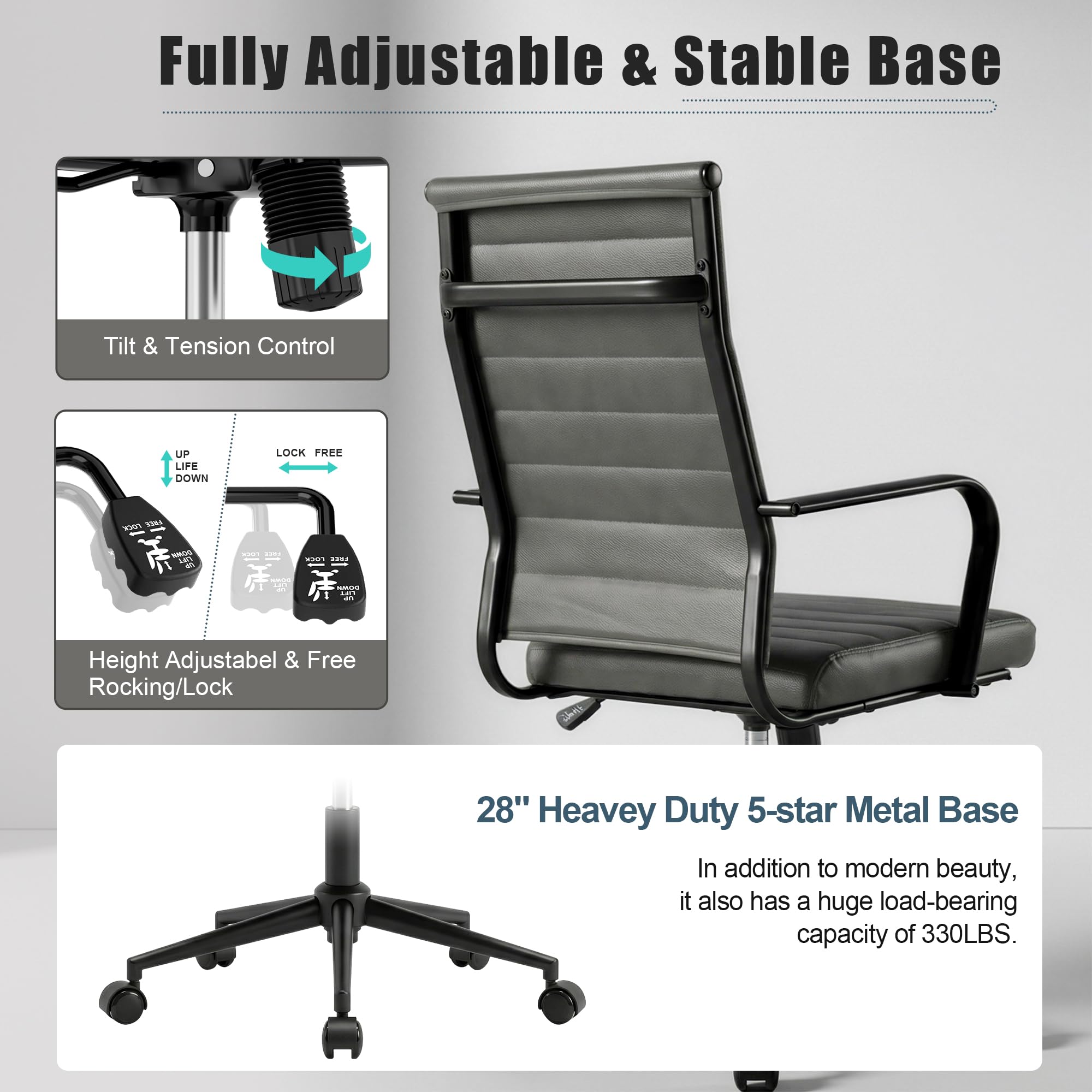 Genuine Leather Office Desk Chair, Mid-Century Modern Real Leather Conference Room Chairs, Ergonomic Executive Ribbed Height Adjustable Swivel Rolling Chair for Home Office.