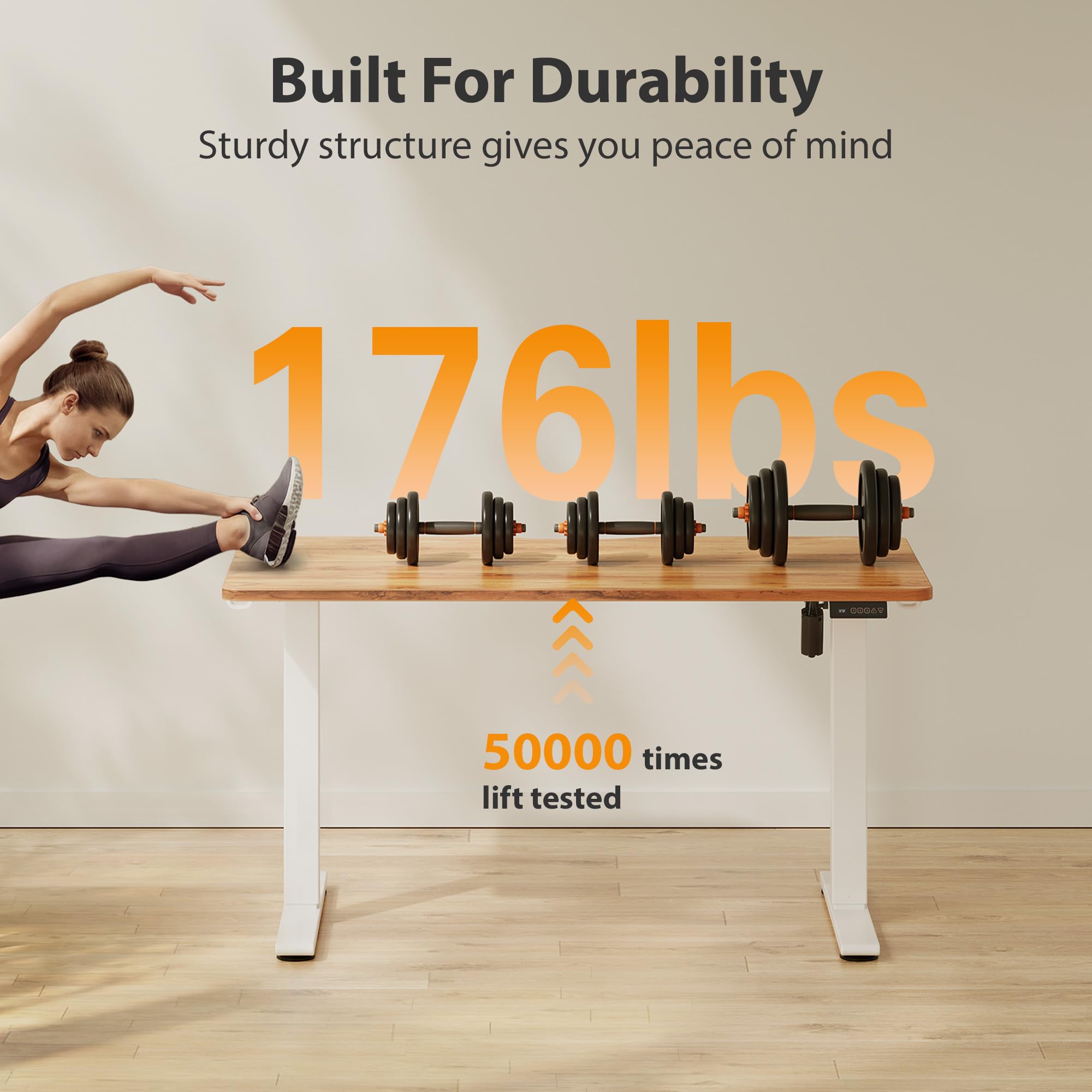 Standing Desk, 55x28 Inches Sit Stand Home Office Desk, Electric Stand up Desk, Adjustable Desk with Splice Board, White Frame/Light Rustic Top