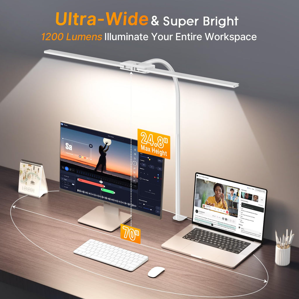 LED Desk Lamp, Dual Head Desk Light with Clamp, 50 Lighting Modes Eye-Caring Table Lamp, Flexible Gooseneck Task Light with Motion Sensor, Wired Control, Timer & Memory Function for Office