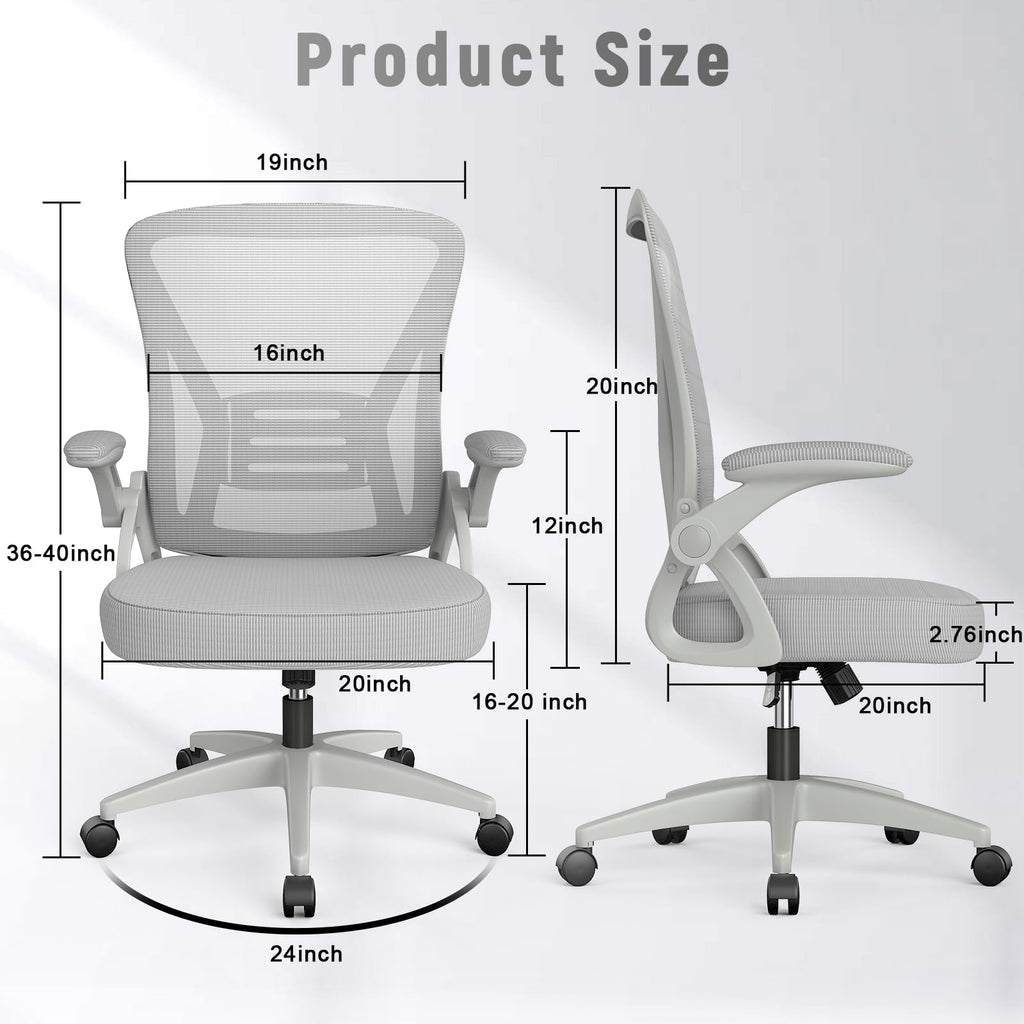 Ergonomic Office Chair, Mid Back Desk Chairs with Adjustable Height, Swivel Chair with Flip-Up Arms and Lumbar Support, Breathable Mesh Computer Chair for Home/Study/Working, Grey