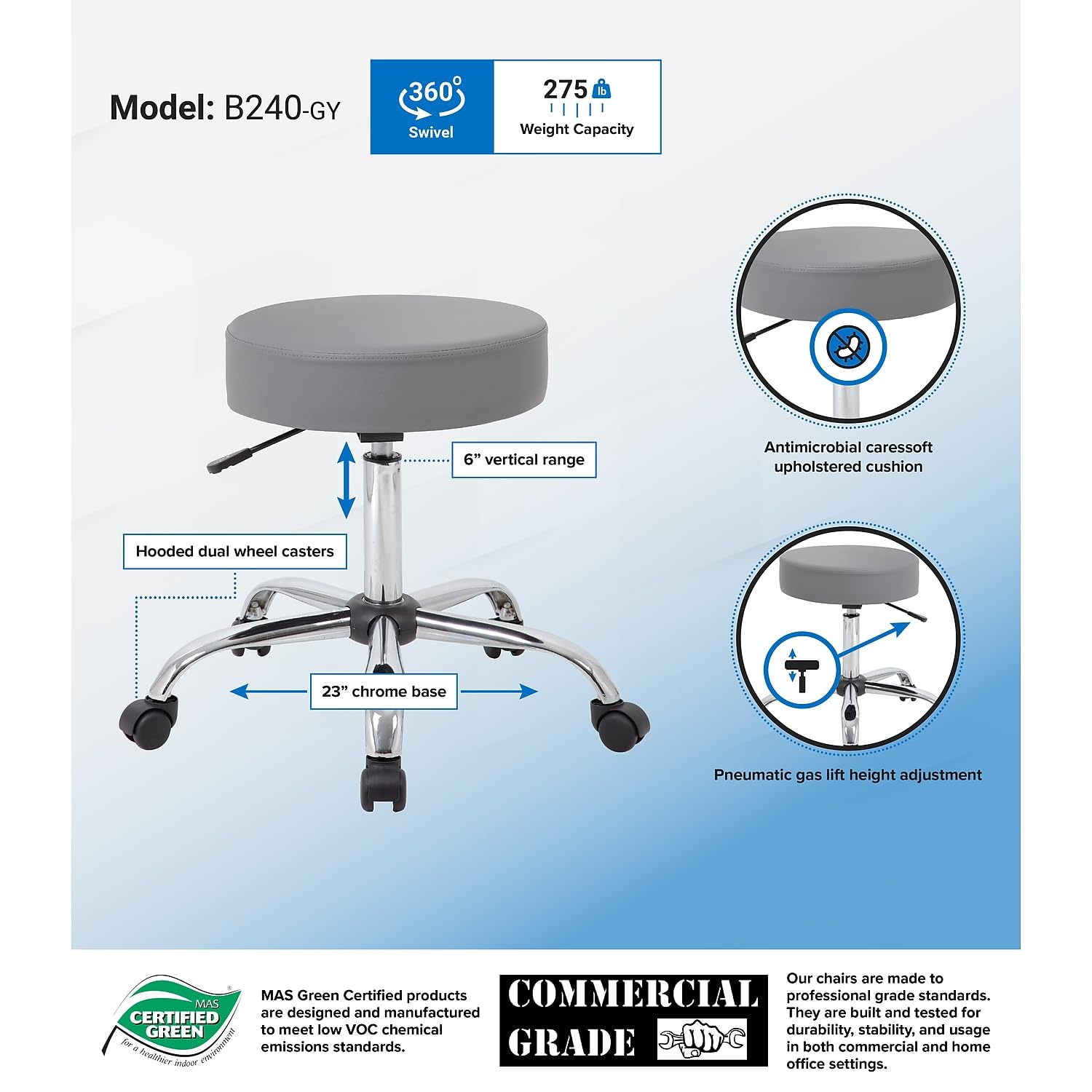 Adjustable Upholstered Medical Stool in Grey (B240-GY)