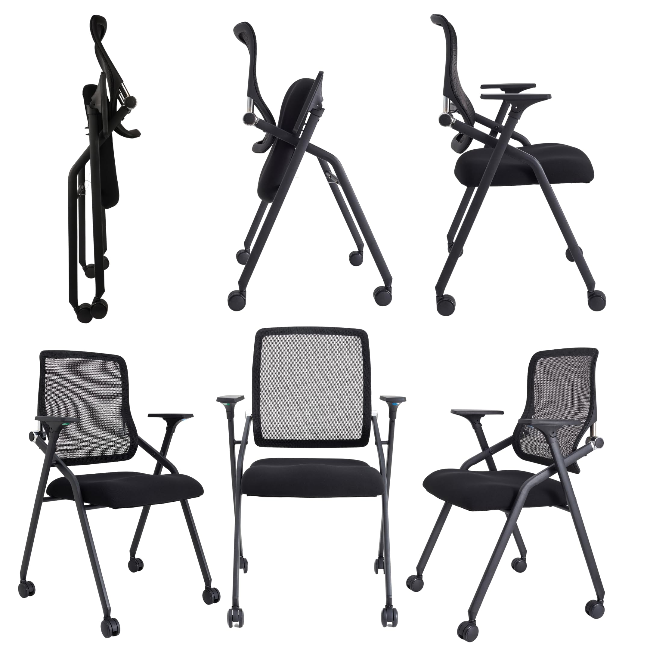 6 Pack Black, Updated Conference Room Chairs, Folding Office Desk Chair with Lumbar Support and Sliding Armrest with Casters, Stackable Office Guest Chairs & Reception Chairs