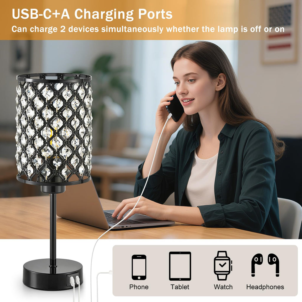 Black Crystal Bedside Table Lamps Set of 2 with USB C+A Ports