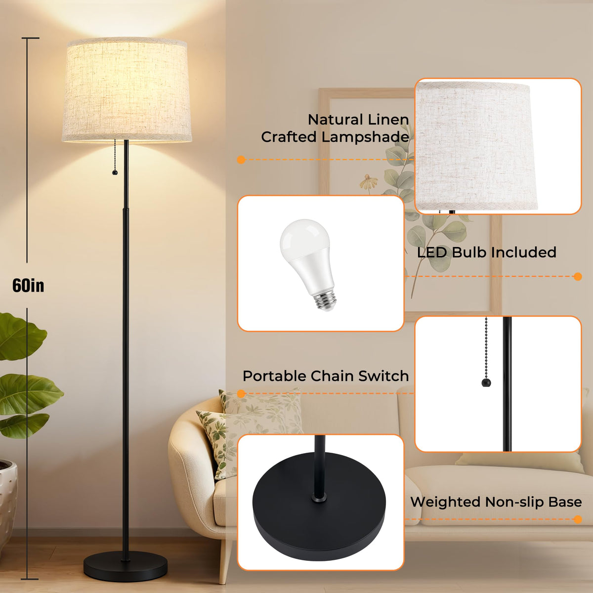 Floor Lamps for Living Room & Bedroom, 60" Modern Tall Standing Lamp, 3CCT