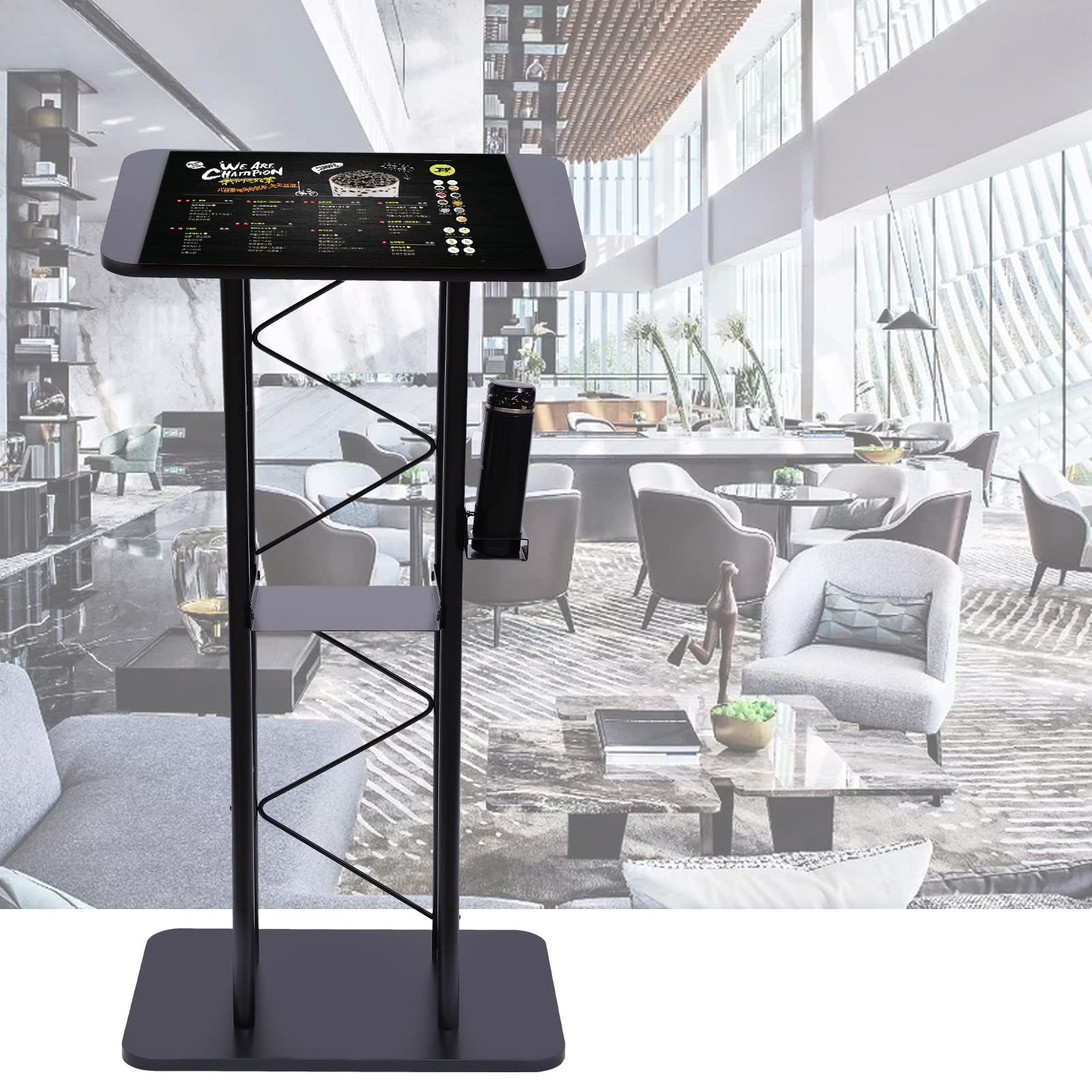 Metal Black Podium Conference Presentation Pulpit School Office Church Lectern,Curved Design Cup Holder Design, Wrought Paint Curved Podium, Schools, Churches, Meeting Rooms
