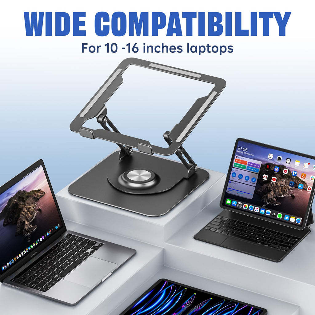 Laptop Stand for Desk, Adjustable Computer Stand with 360° Rotating Base, Ergonomic Laptop Riser for Collaborative Work, Foldable & Portable Laptop Stand, fits for All 10-16" Laptops