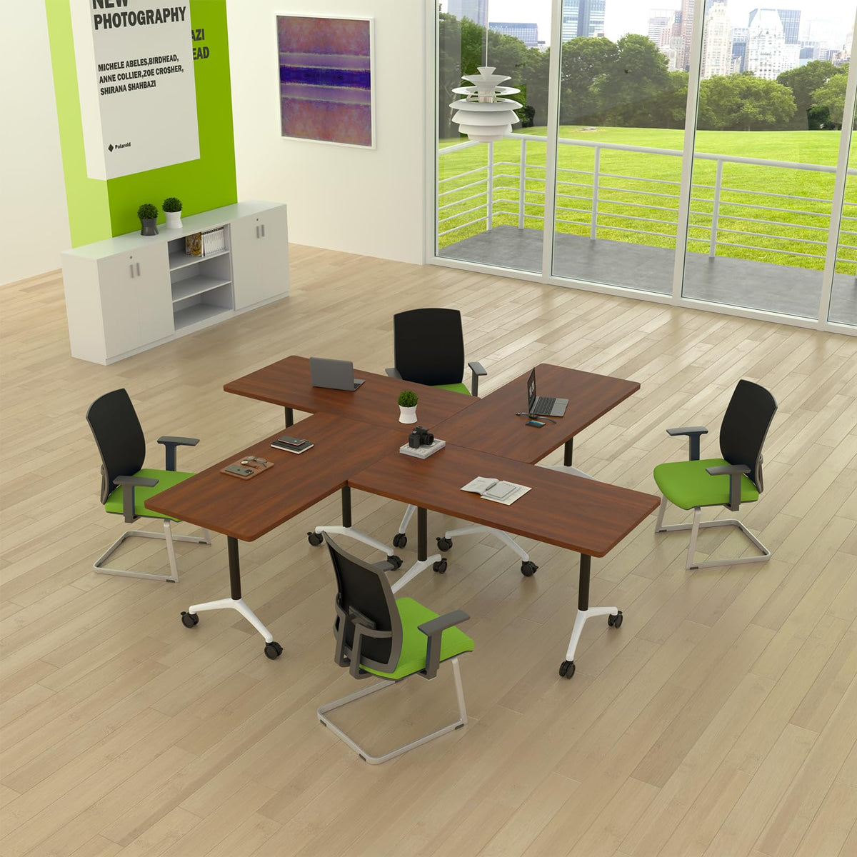 Folding Conference Table with Wheels, Flip-Top, 70.8in, 4 Pack, Walnut 1915